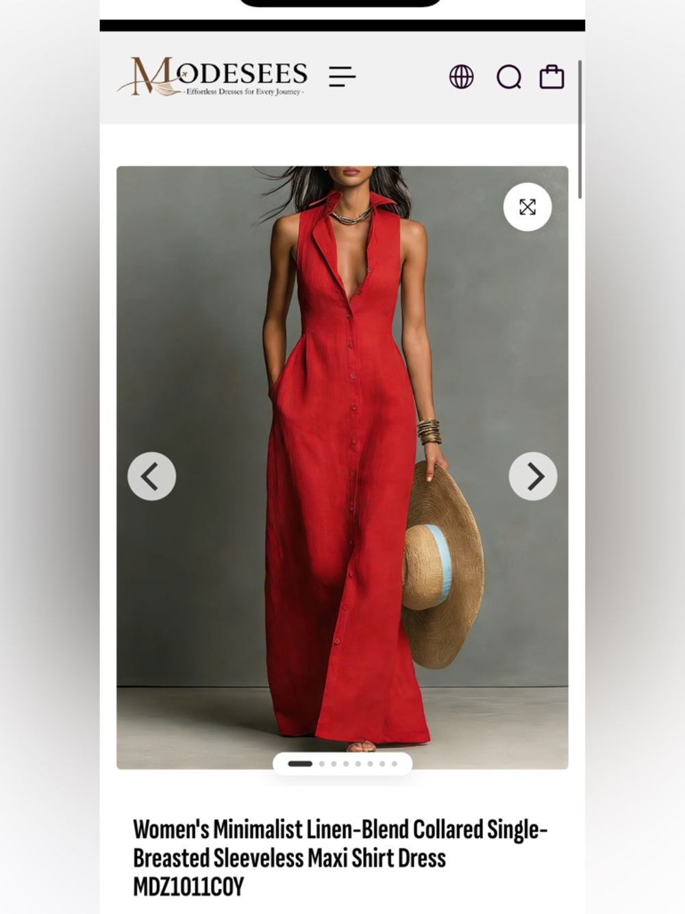 Women's Modesees Minimalist Red Linen-Blend Collared Maxi Dress